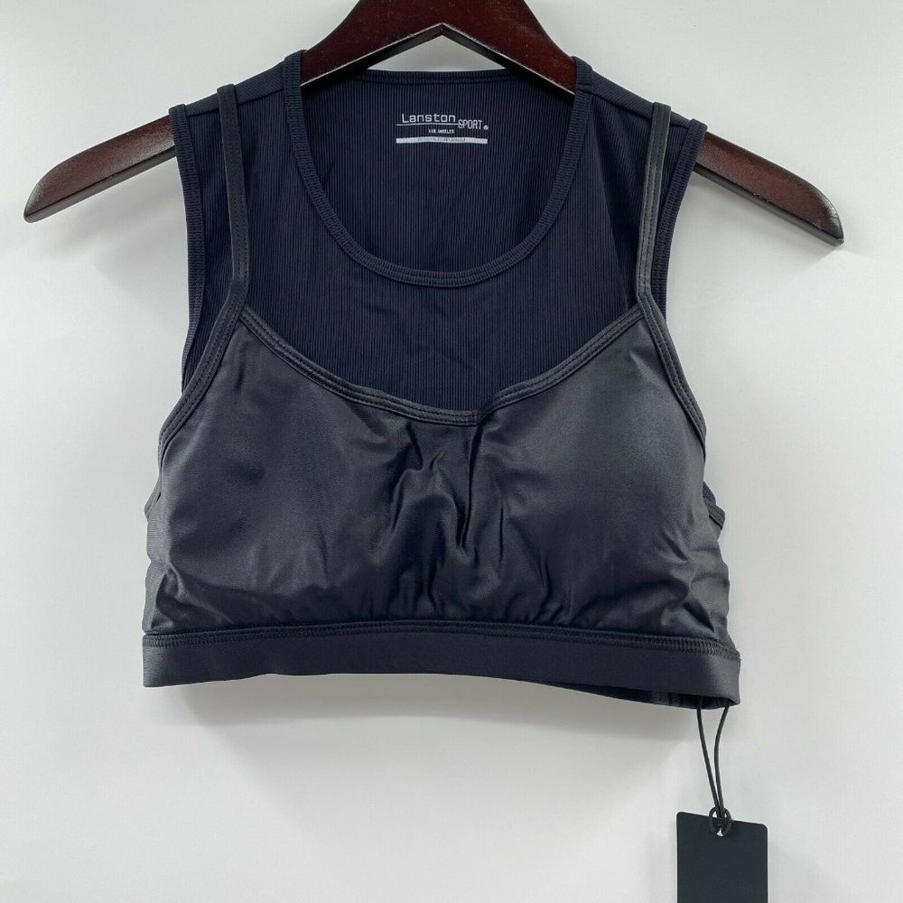Lanston Sport Women's Inspire Layered Sports Bra Black sz L Vegan Leather $88